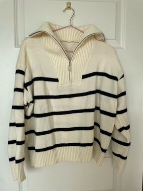 Cream and Black Striped Half-Zip Sweater